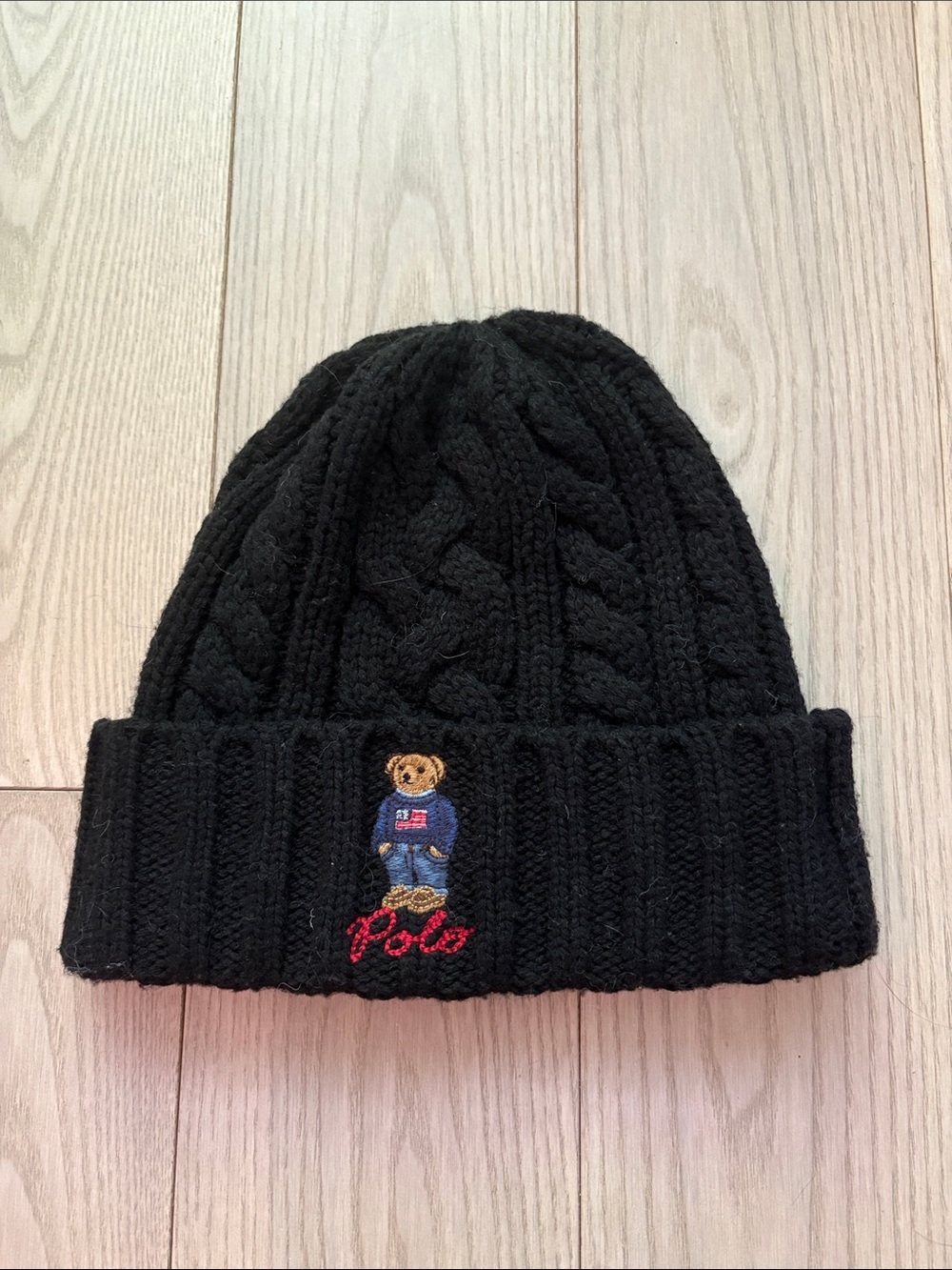 Polo by Ralph Lauren Black Cable Knit Bear Cuffed Beanie